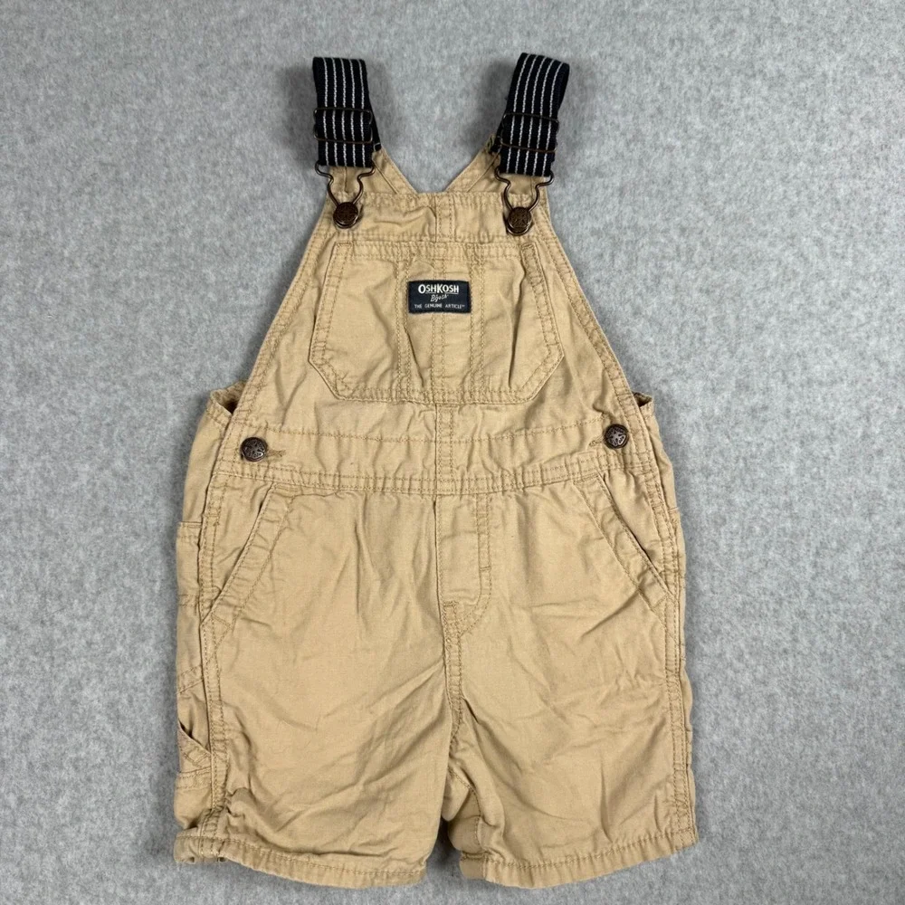 OshKosh B'gosh Canvas Shortalls 24M Tan Khaki Classic Workwear Aesthetic